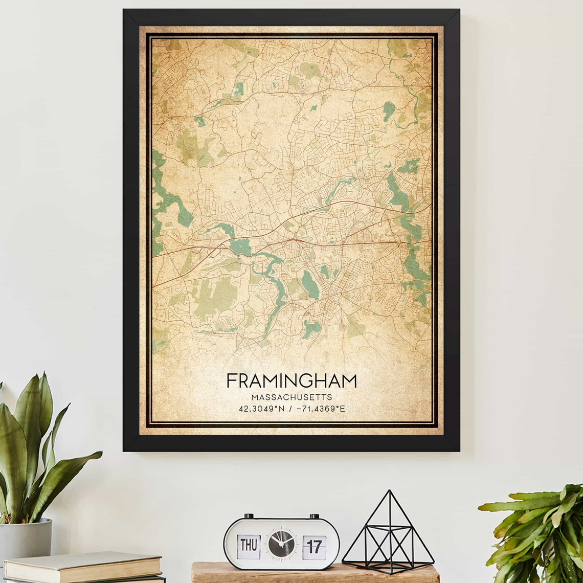 Vintage Framingham Massachusetts City Map Coordinates Beige Street Poster
