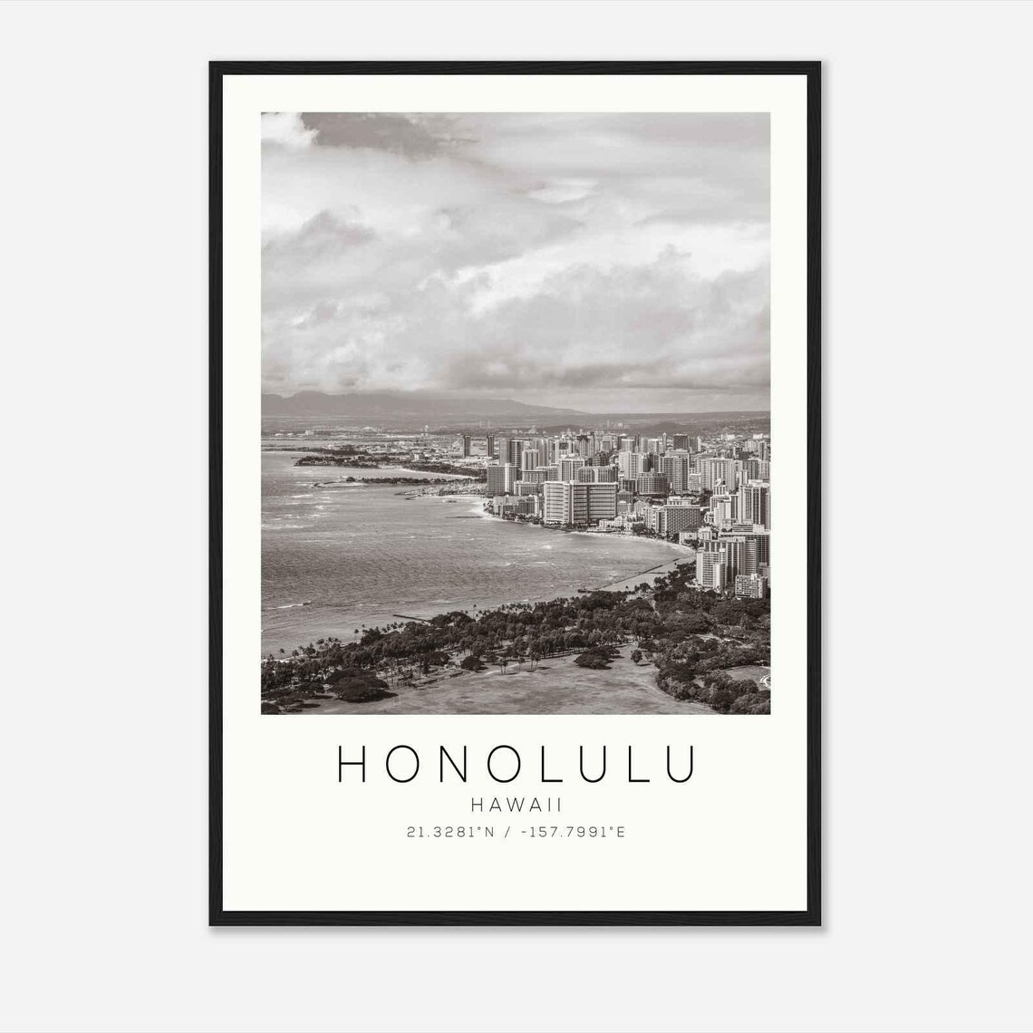 Honolulu Hawaii Waikiki Beach Skyline Aerial Black White Travel Poster