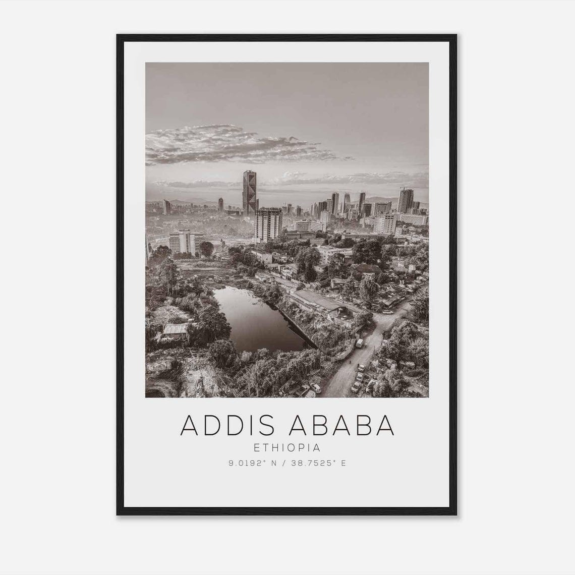Addis Ababa Ethiopia Black White City Skyline Panorama Travel Poster