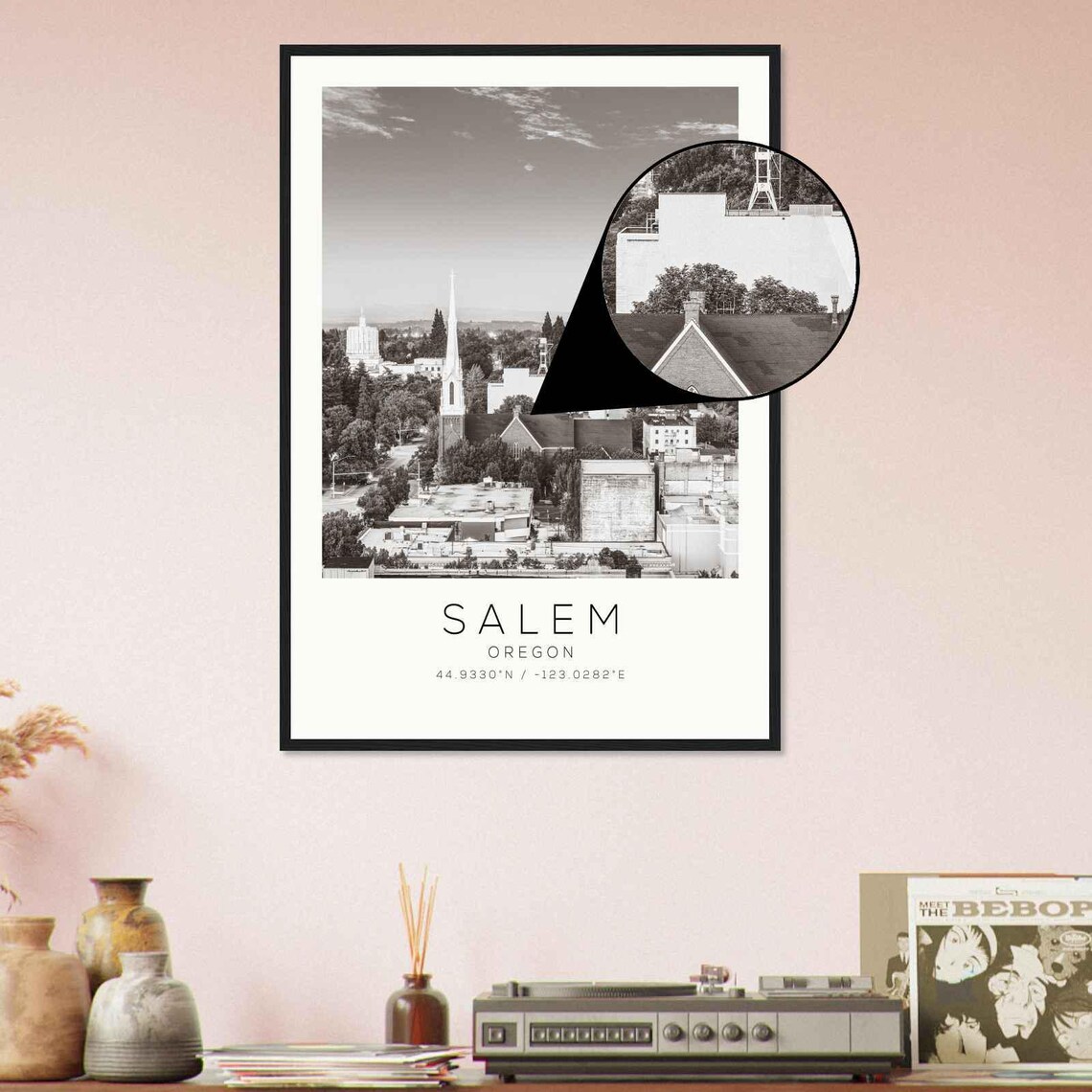 Salem Oregon Downtown Church Spire Aerial View Monochrome Poster - Image 4