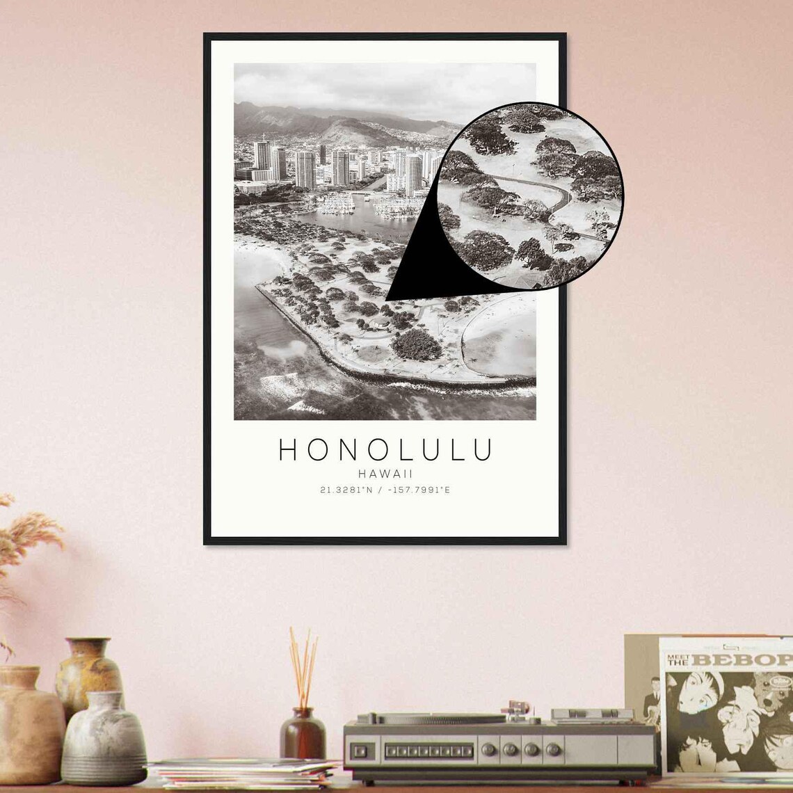 Honolulu Hawaii Marina Harbor Aerial View Black White Travel Poster - Image 4