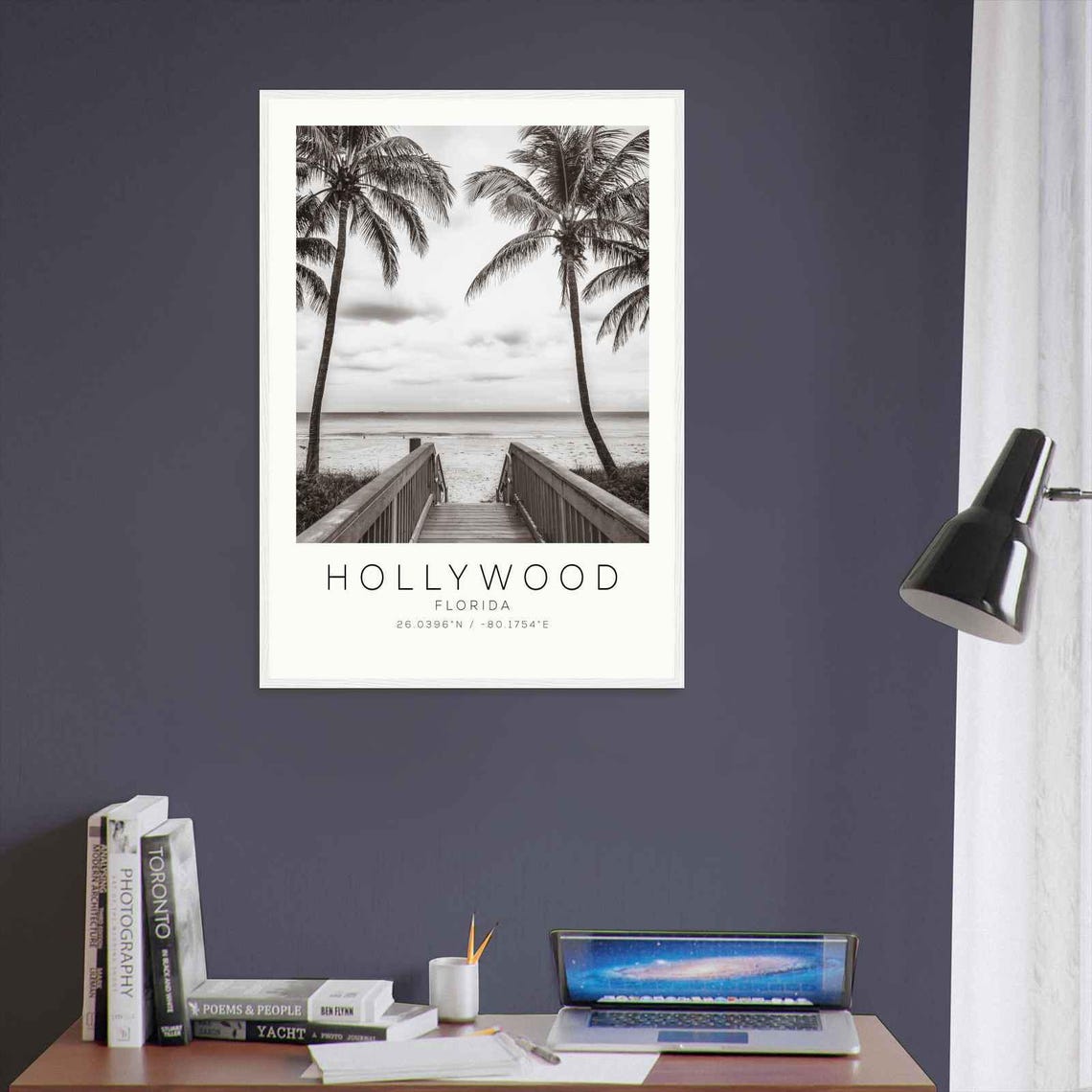 Hollywood Florida Beach Boardwalk Palm Trees Black White Travel Poster - Image 3