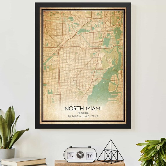 Vintage North Miami Florida Coastal City Map Poster With Coordinates
