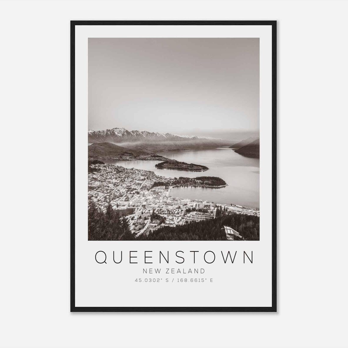 Queenstown New Zealand Lake Wakatipu Aerial Black and White Poster