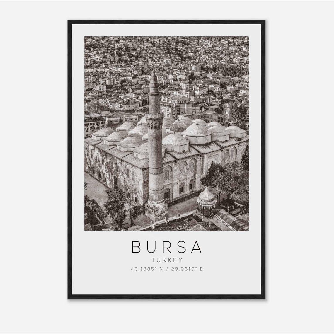 Bursa Turkey Black White Grand Mosque Domes Minaret Photo Poster