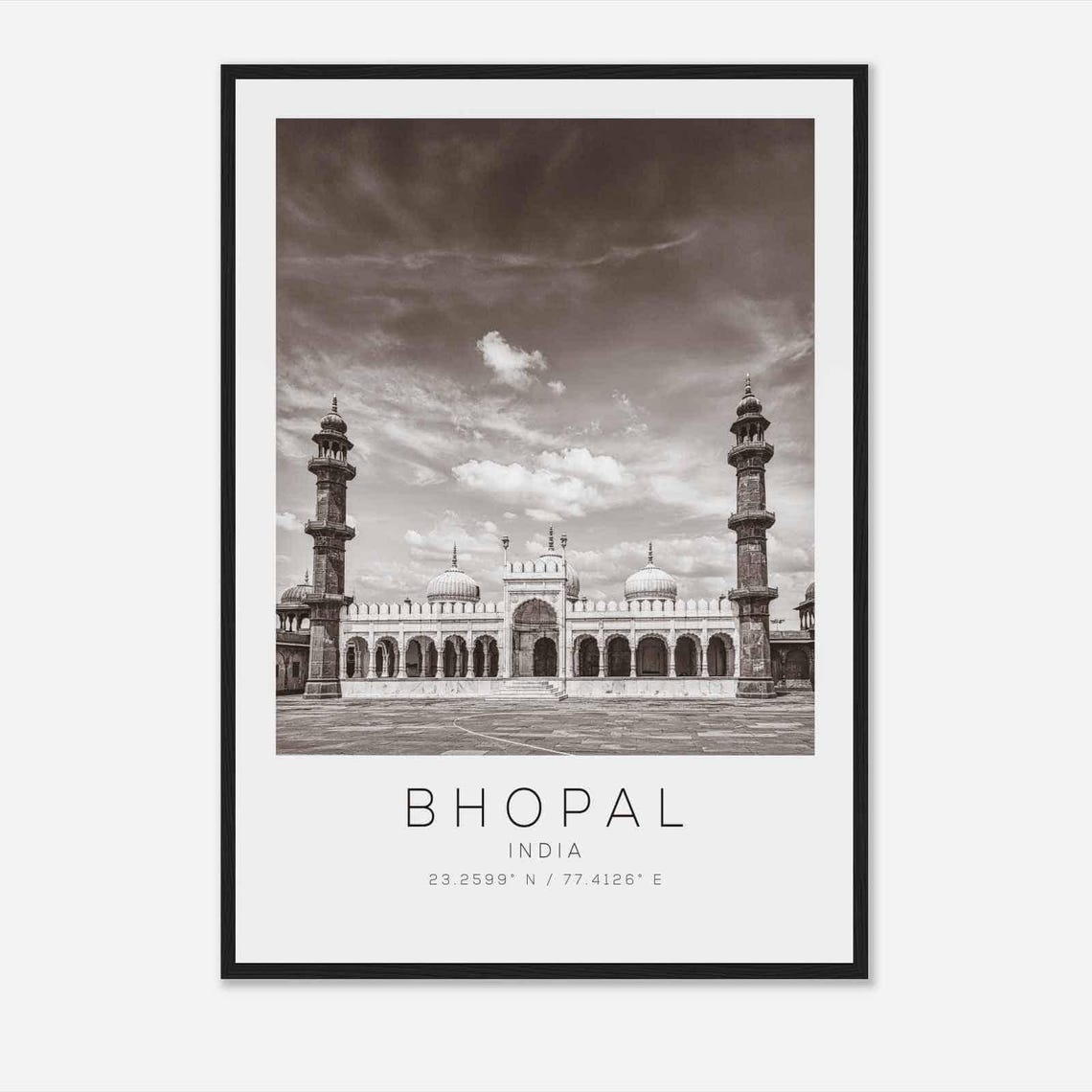 Bhopal India Mosque Minarets Black White Architectural Photo Poster