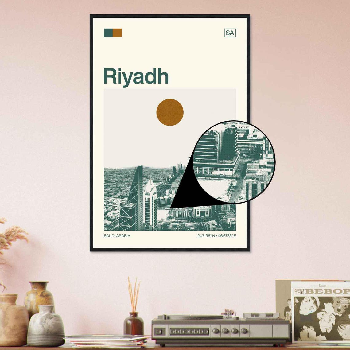 Riyadh Saudi Arabia Kingdom Centre Skyline Sun Duotone Travel Poster - Image 4