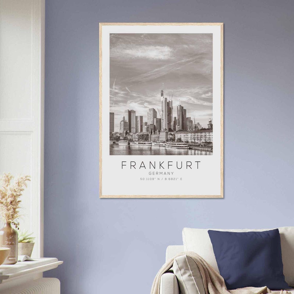 Frankfurt Germany Skyline Boats Riverfront Black and White Poster - Image 2