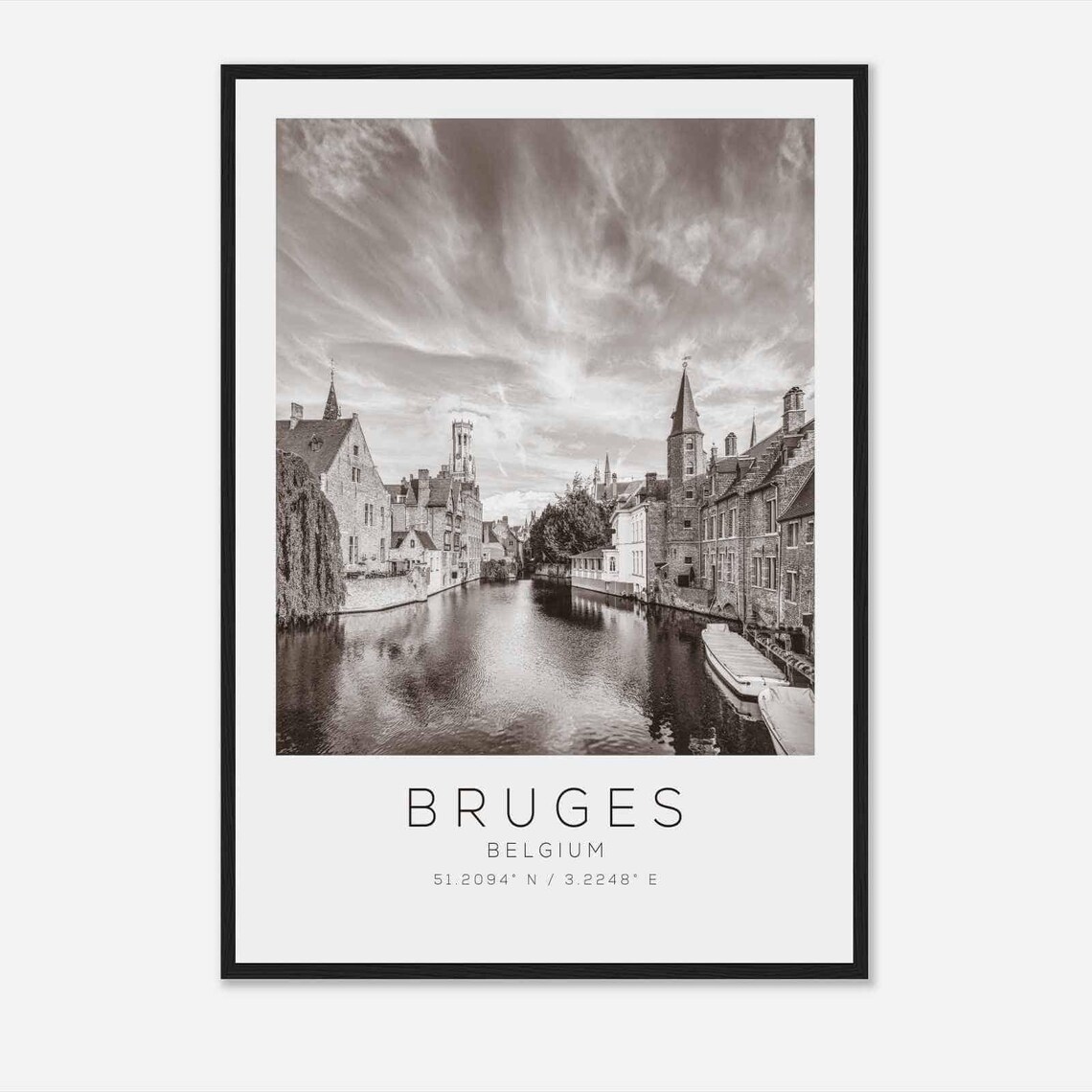 Bruges Belgium Canal Medieval Towers Reflection Black White Poster