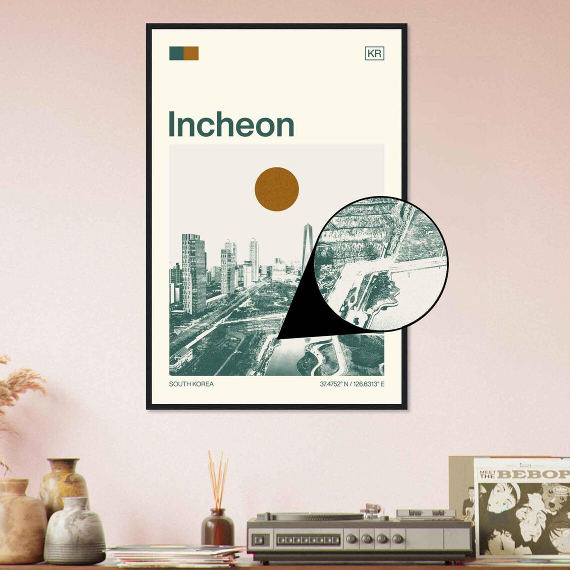 Incheon South Korea Songdo Skyline Modern Towers Duotone Travel Poster - Image 4