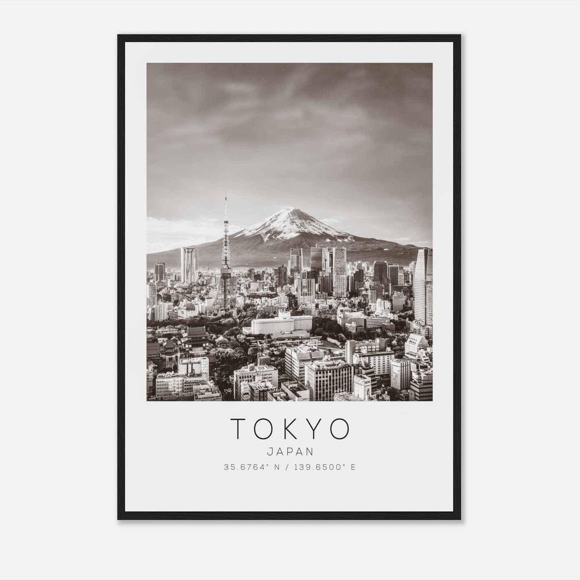 Tokyo Japan Tower Skyline Mount Fuji Black and White Photo Poster