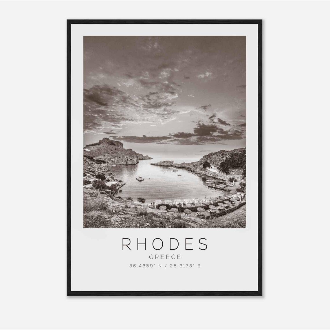 Rhodes Greece Black And White Coastal Bay Sunset Photo Poster
