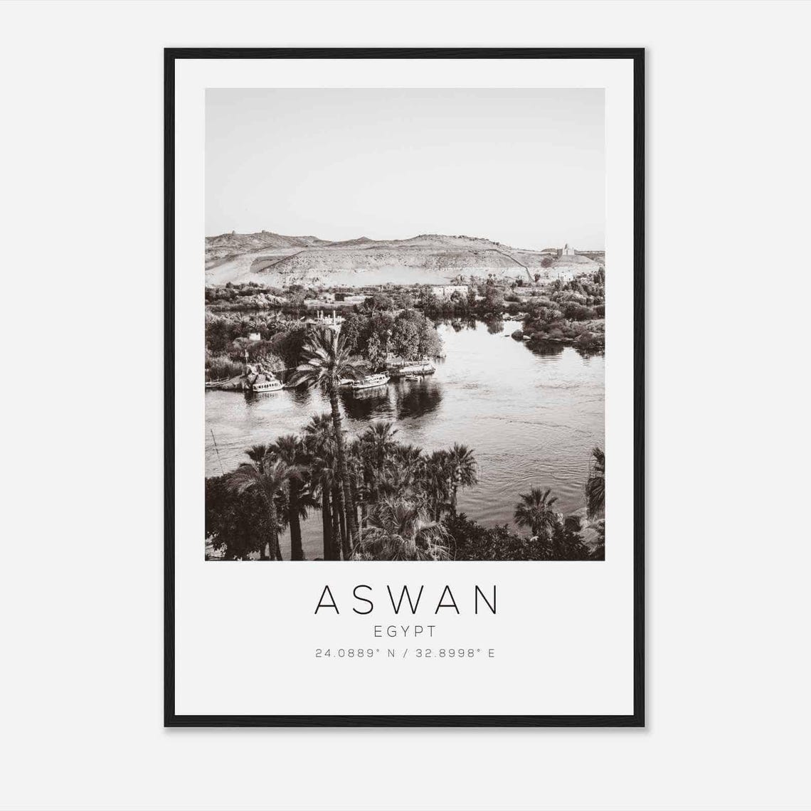 Aswan Egypt Black White Nile River Palms Scenic Travel Poster