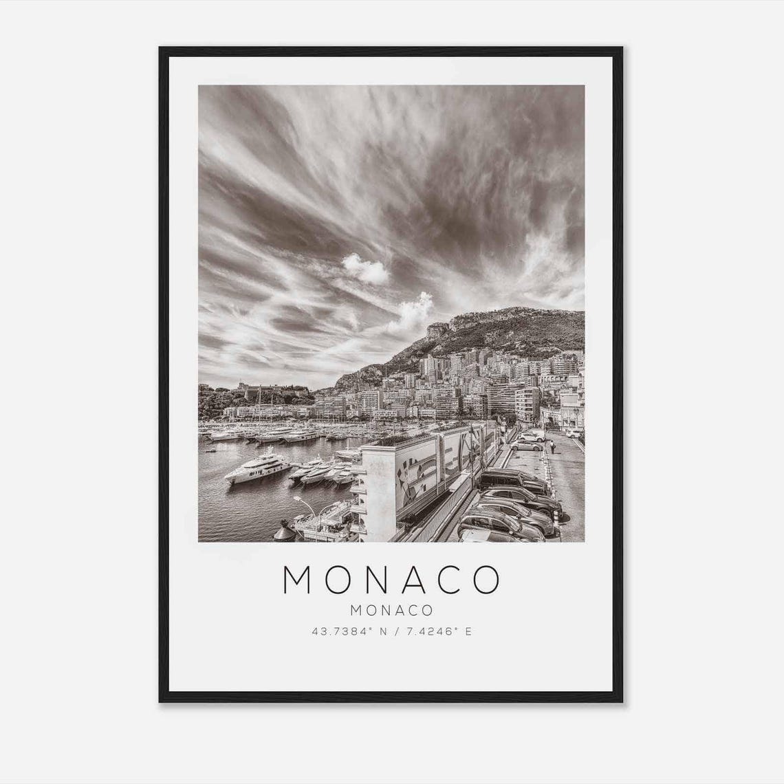 Monaco Harbor Yachts and Skyline Black and White Photo Poster