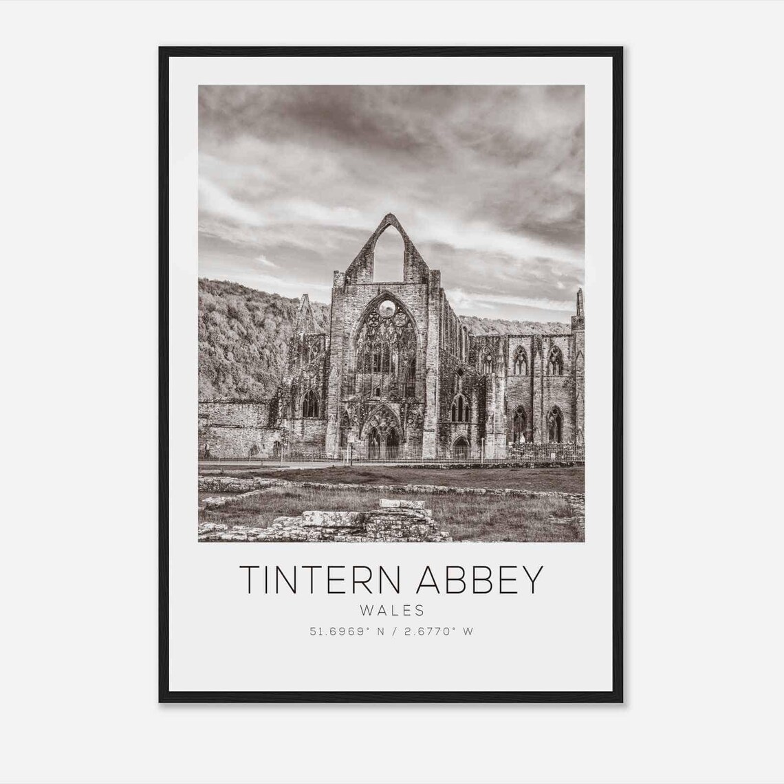 Tintern Abbey Wales Gothic Ruins Black and White Photo Poster