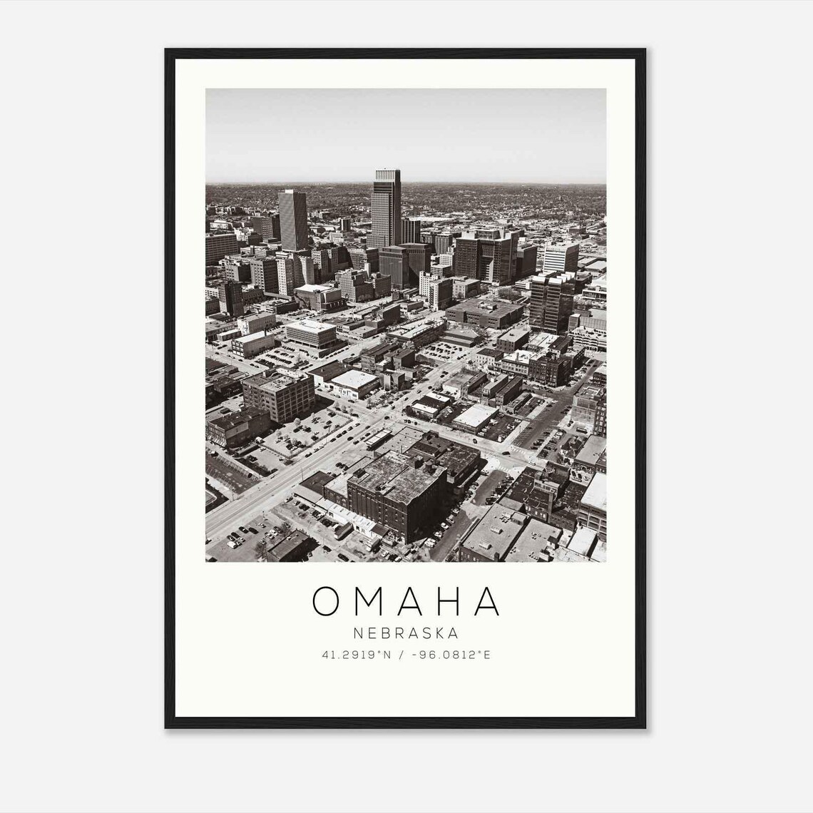 Omaha Nebraska Aerial Downtown Skyline Black and White Photo Poster