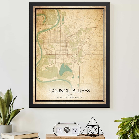 Council Bluffs Iowa Vintage City Map Custom Hometown Wall Decor Poster