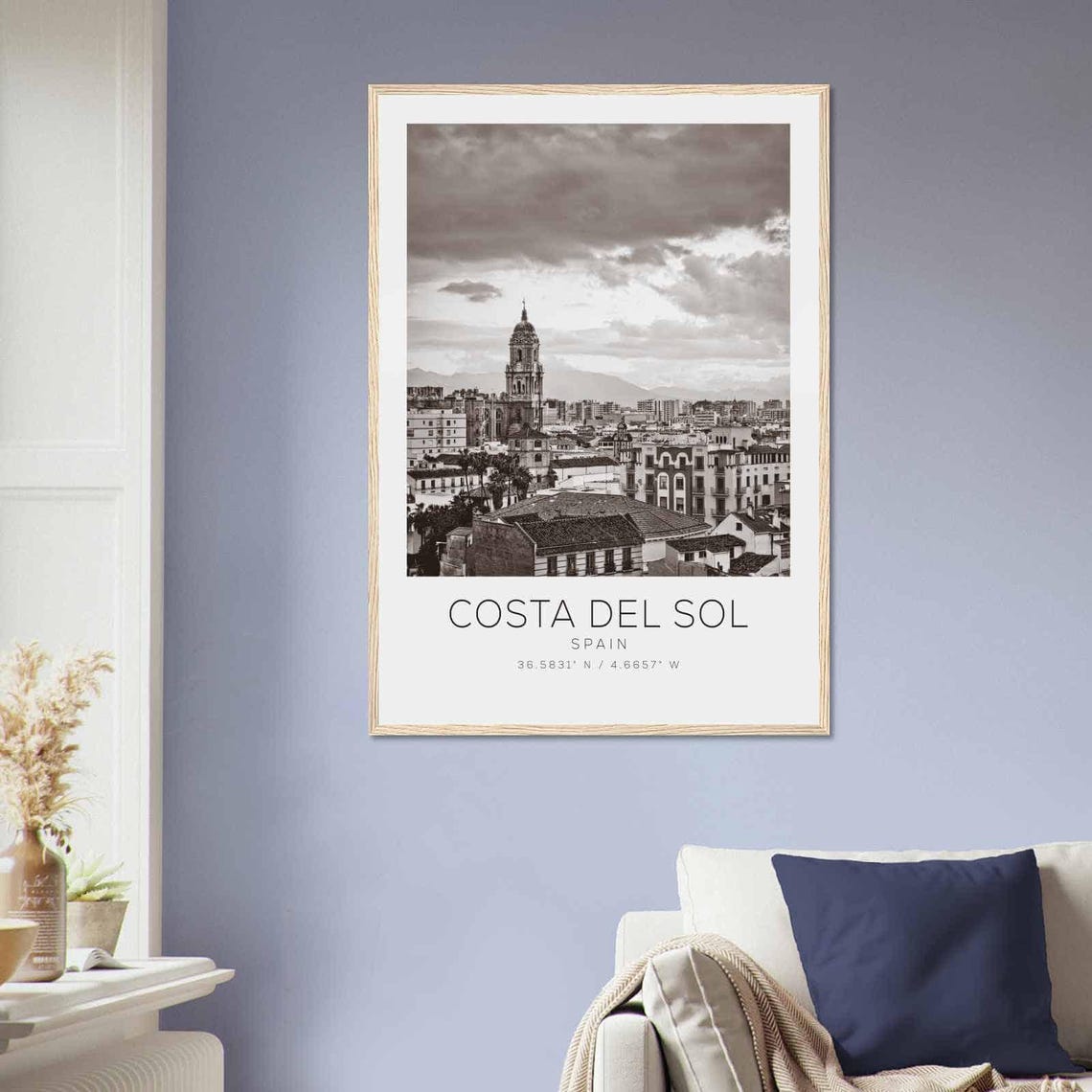 Costa del Sol Spain Malaga Old Town Skyline Black and White Poster - Image 2