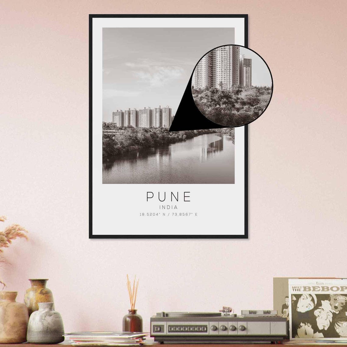 Pune India River Skyline Modern High Rises Black and White Poster - Image 4