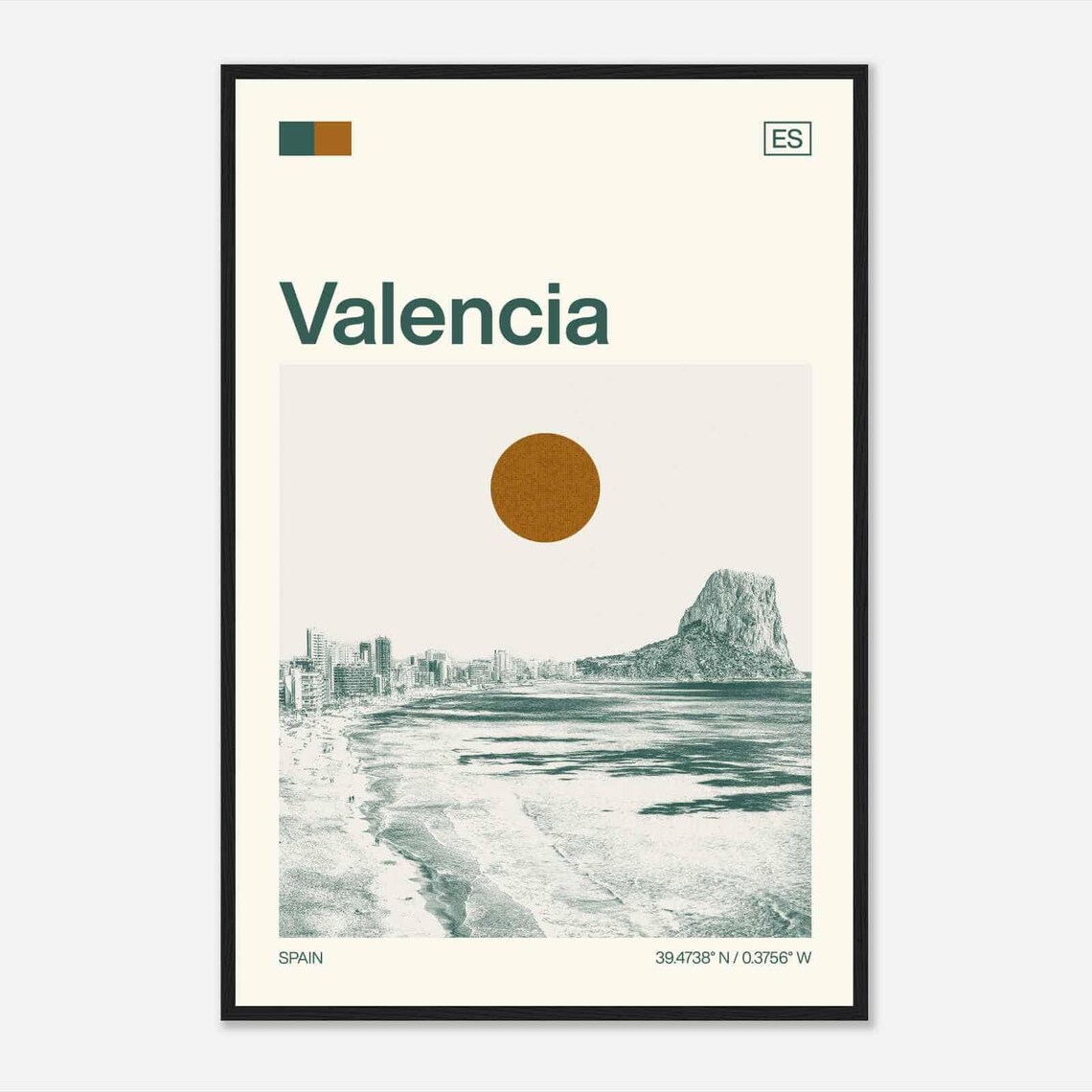 Valencia Spain Minimalist Monochrome Beach Coastline Travel Poster