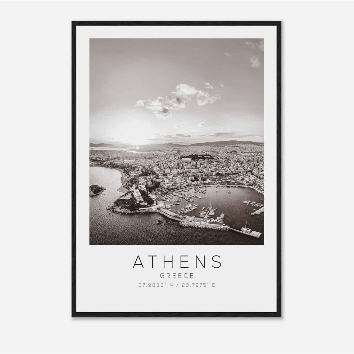 Athens Greece Black White Harbor Sunset Photography Travel Poster