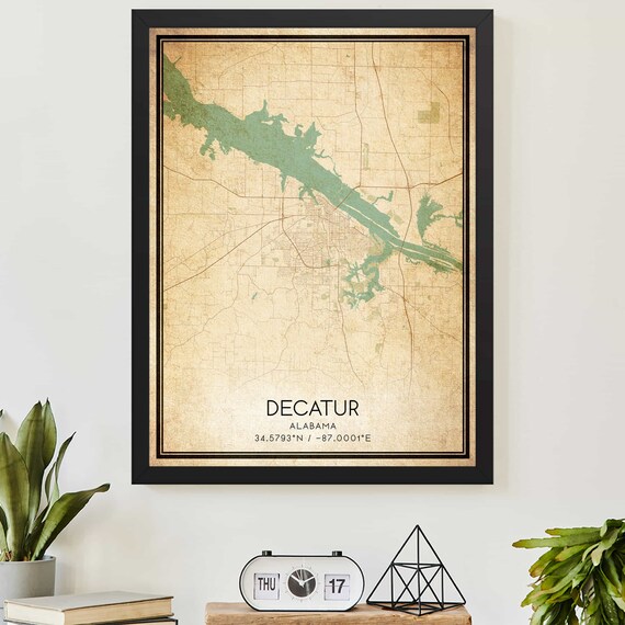 Decatur Alabama Vintage Street Map With City Coordinates Poster