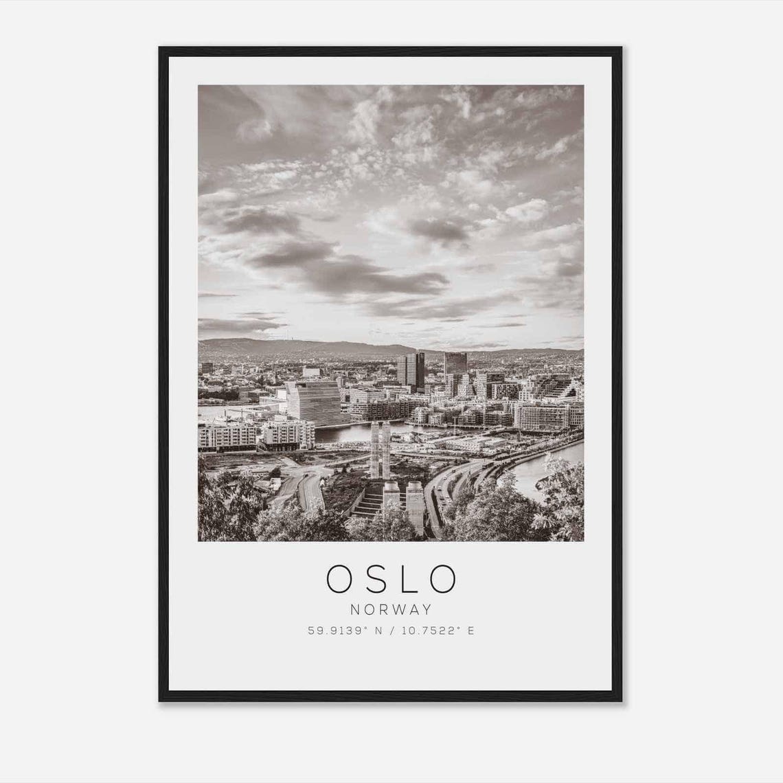 Oslo Norway Harbor Skyline Panorama Black White Photo Poster