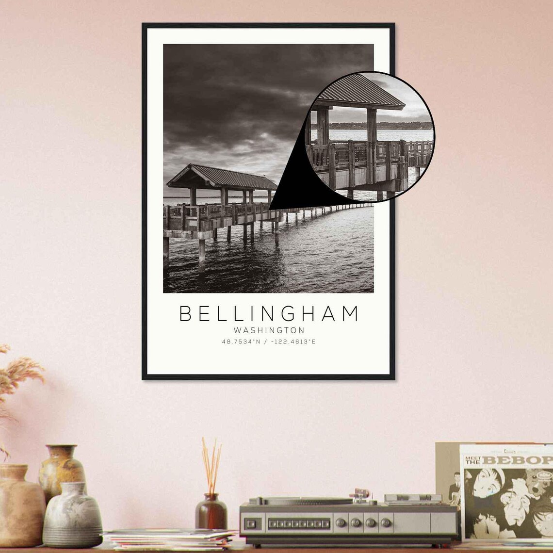 Bellingham Washington Wooden Pier Stormy Sky Black White Travel Poster - Image 4