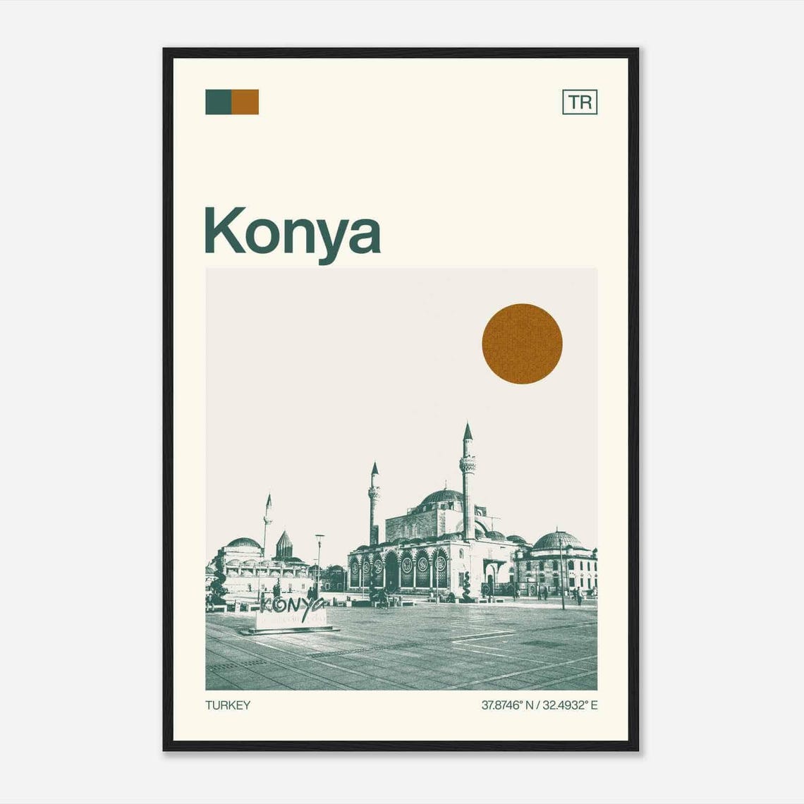 Konya Turkey Modern Minimalist Mosque Plaza Minarets Art Poster