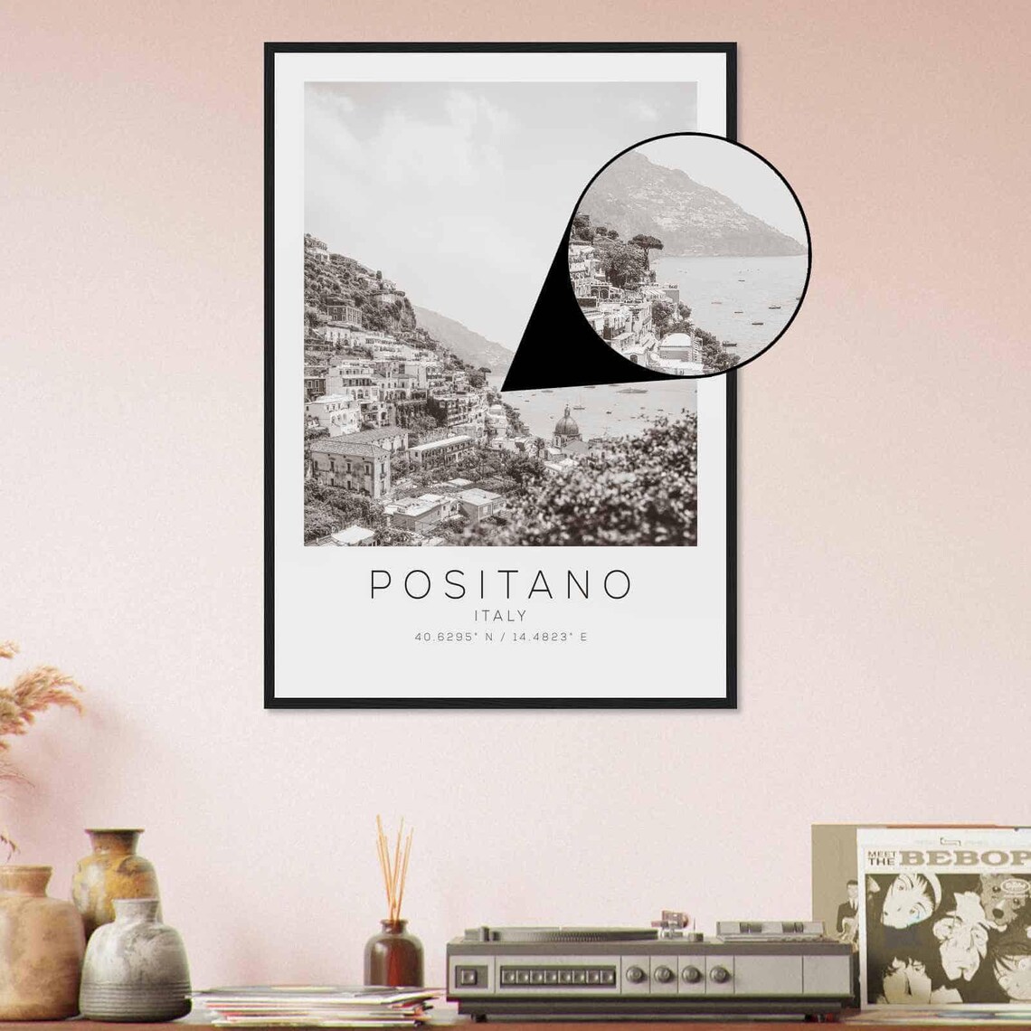 Positano Italy Coastline Village Dome Church Black White Poster - Image 4