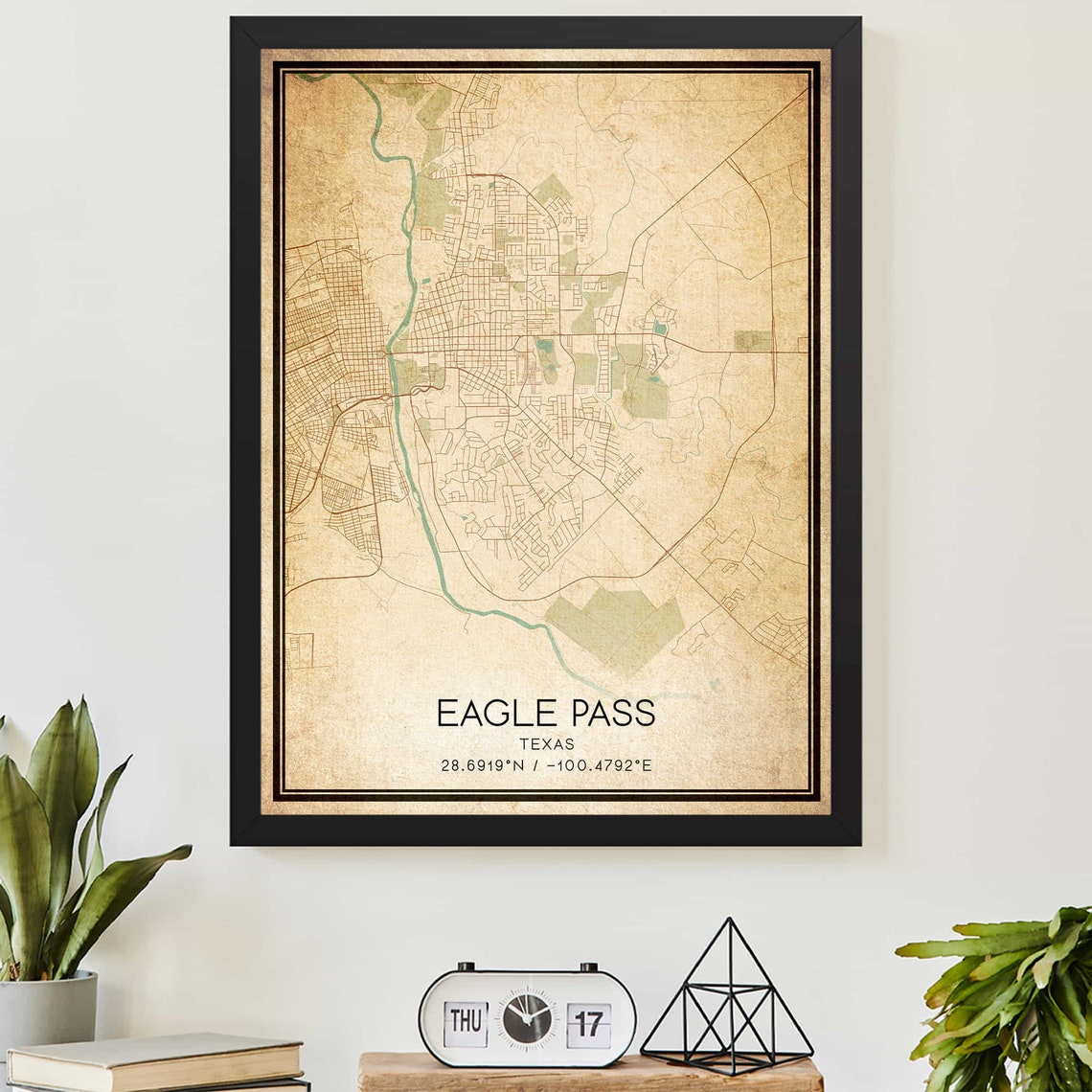 Vintage Eagle Pass Texas City Map with Coordinates Travel Art Print