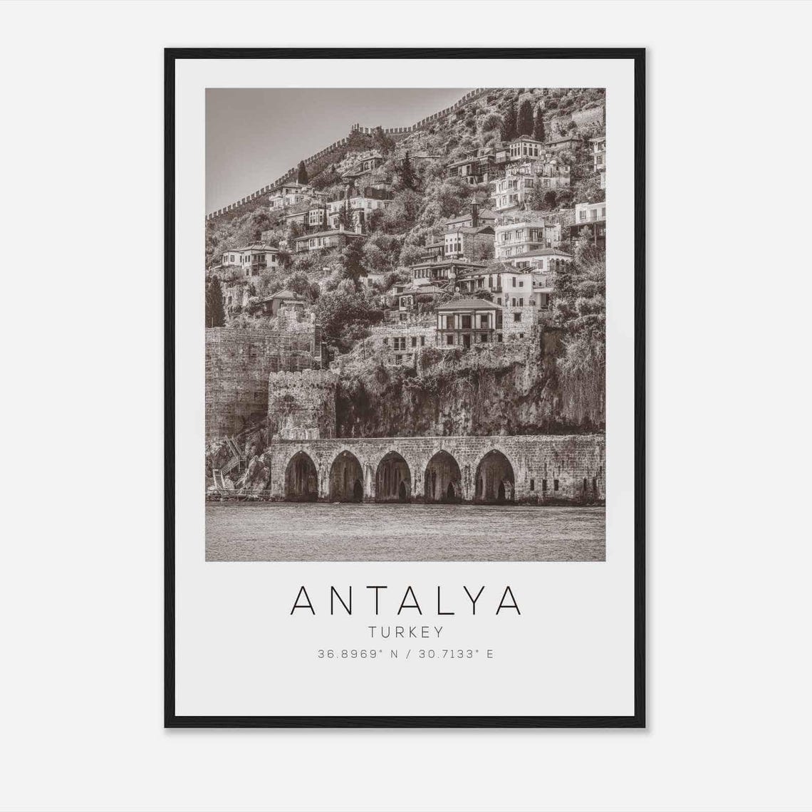 Antalya Turkey Black White Old Town Harbor Arches Travel Poster