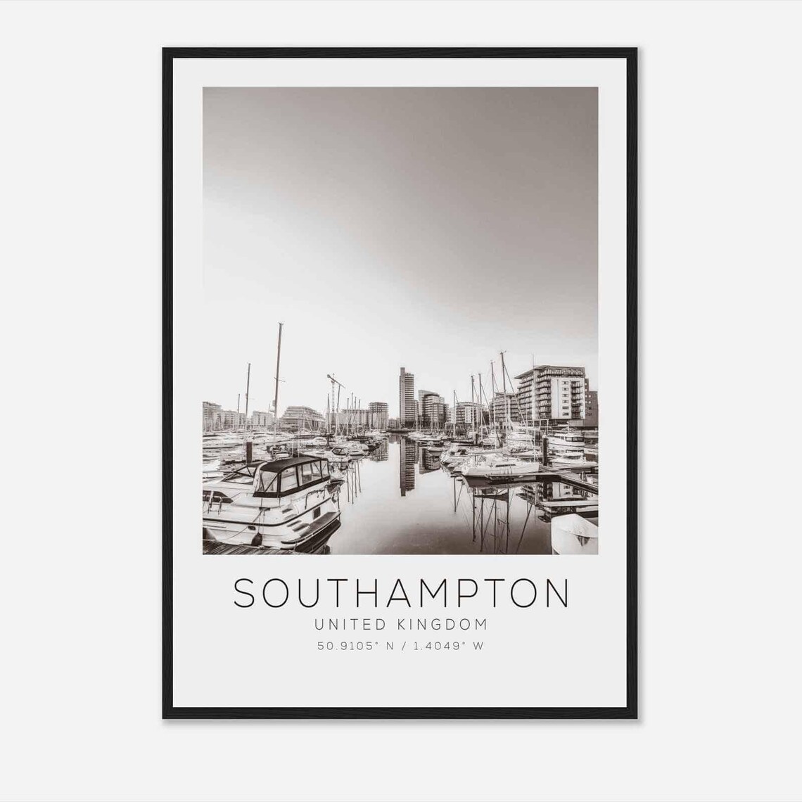 Southampton UK Marina Dawn Sailboats Black and White Photo Poster