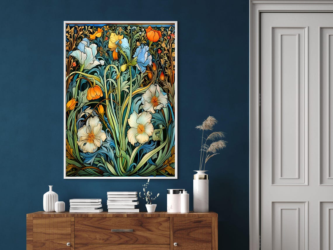 William Morris Style White Poppy Garden Floral Vintage Art Poster - Image 6
