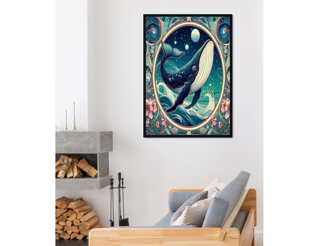 Art Nouveau Humpback Whale Moonlit Ocean Night Blue Sea Wall Art - Image 3