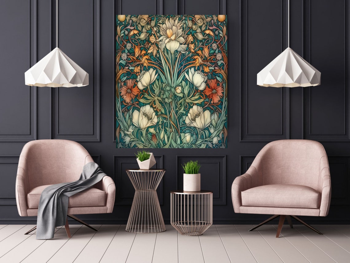 Indigo Botanical Art With White And Coral Flowers Pattern Poster - Image 2