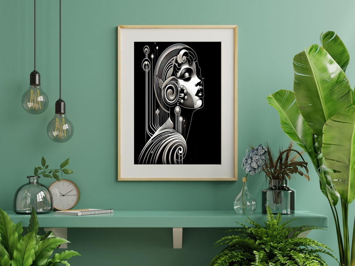 Black and White Art Deco Woman Portrait Geometric Deco Wall Art - Image 3