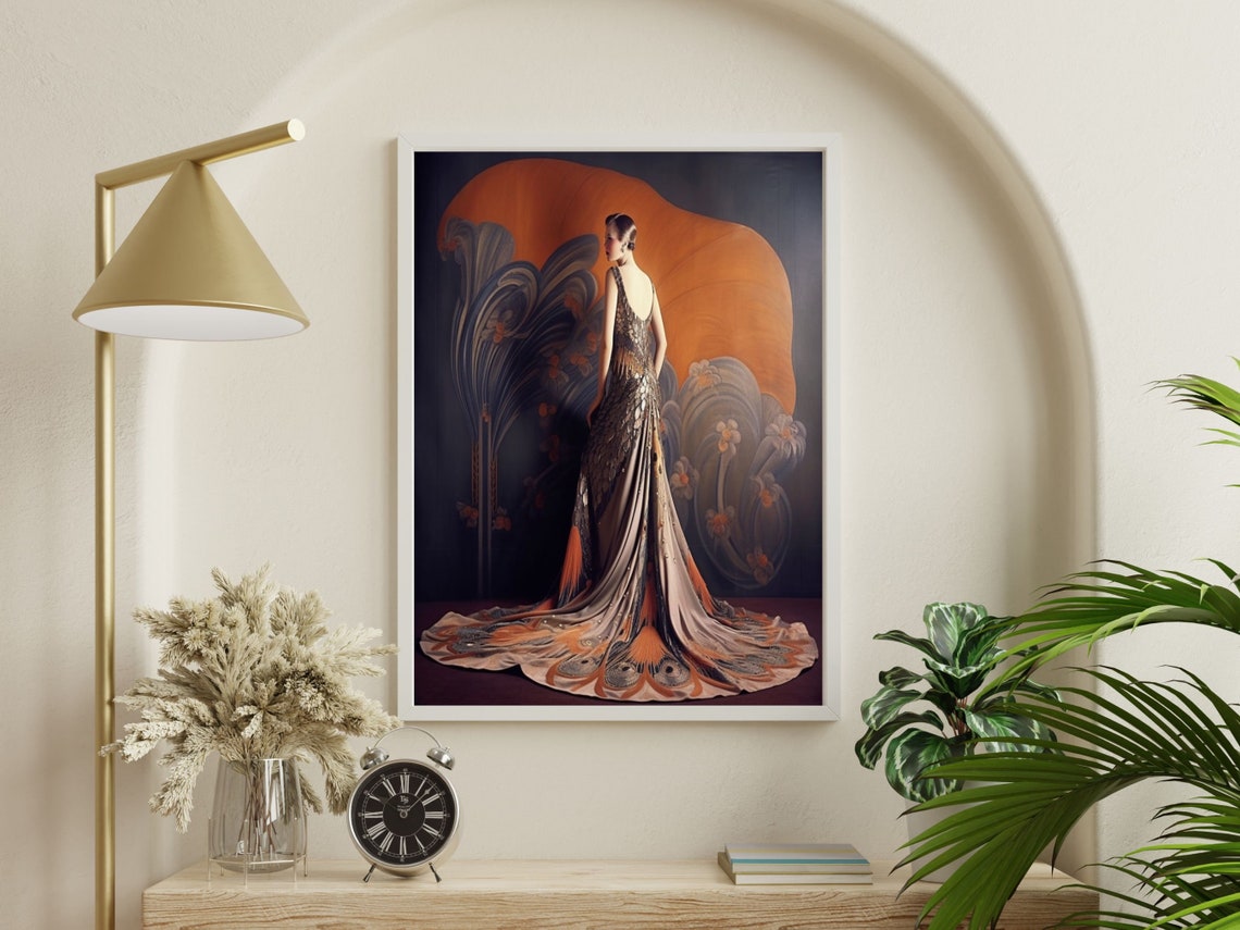 Art Deco Woman in Peacock-Feather Train Gown From Behind Poster - Image 3