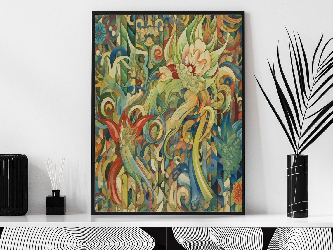 Surreal Abstract Botanical Art With Colorful Tulips In Green Poster - Image 6