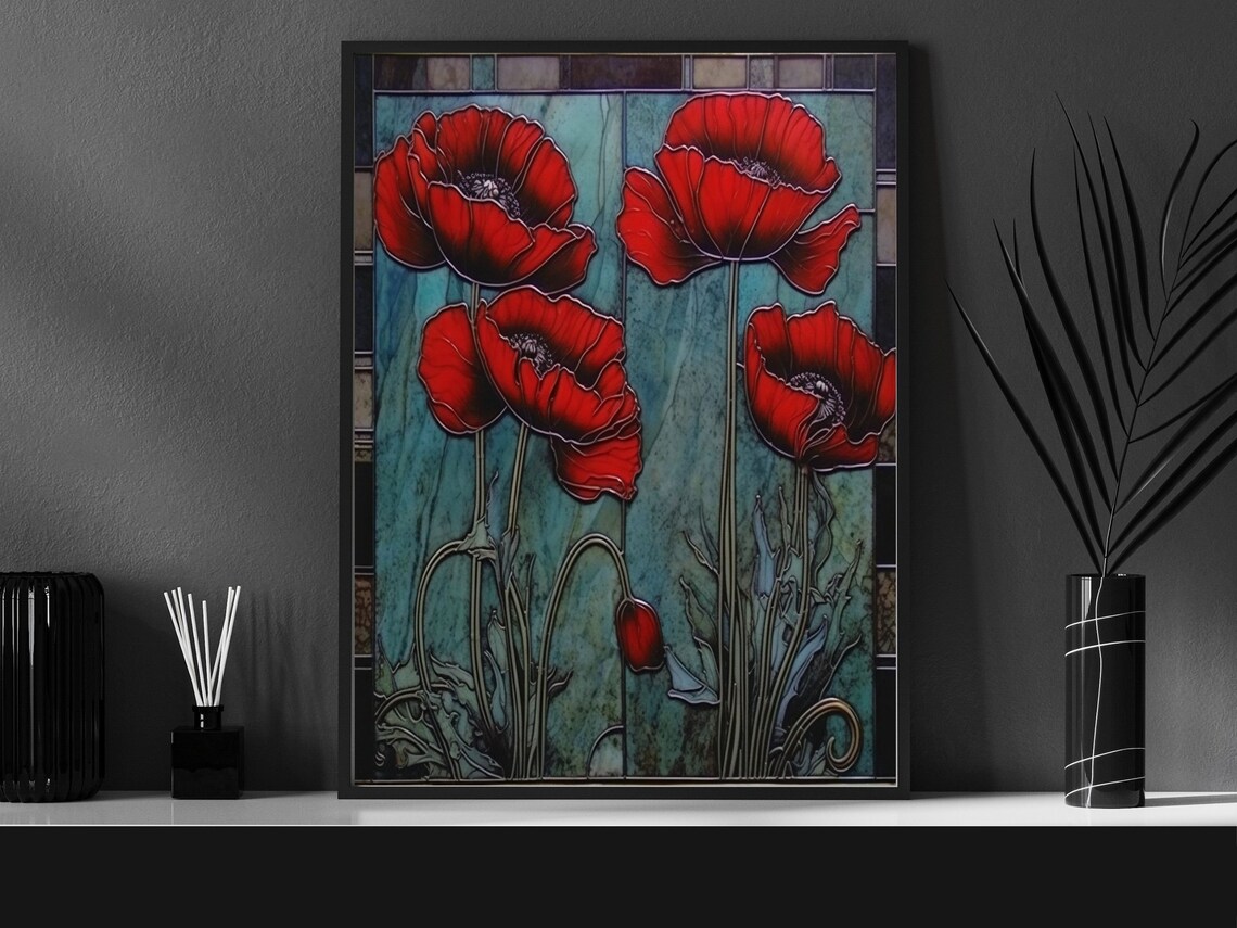 Vivid Art Nouveau Red Poppies Teal Stained Glass Botanical Poster - Image 6