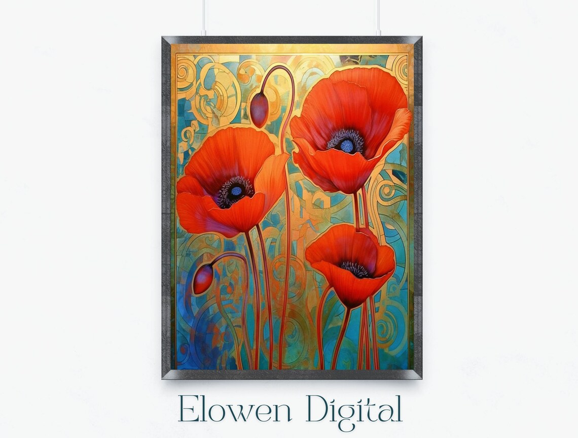 Vibrant Red Poppies Blooming on a Gold Art Nouveau Swirl Poster