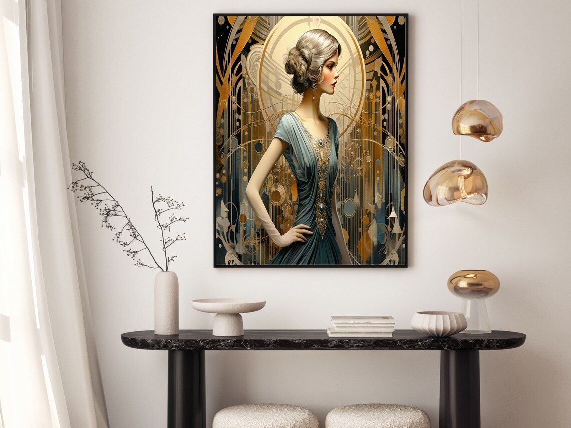 Art Deco Lady in Sage Green Gown with Golden Jeweled Bodice Poster - Image 2