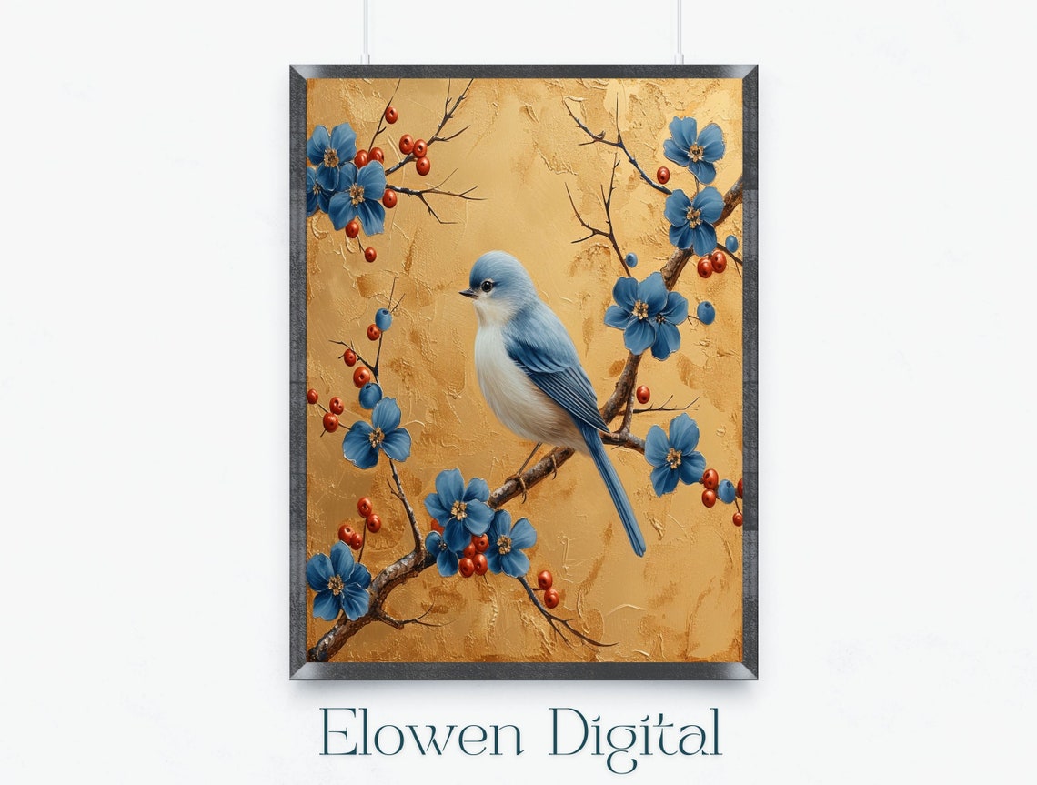 Bluebird Blossoms Red Berries Gold Chinoiserie Botanical Poster