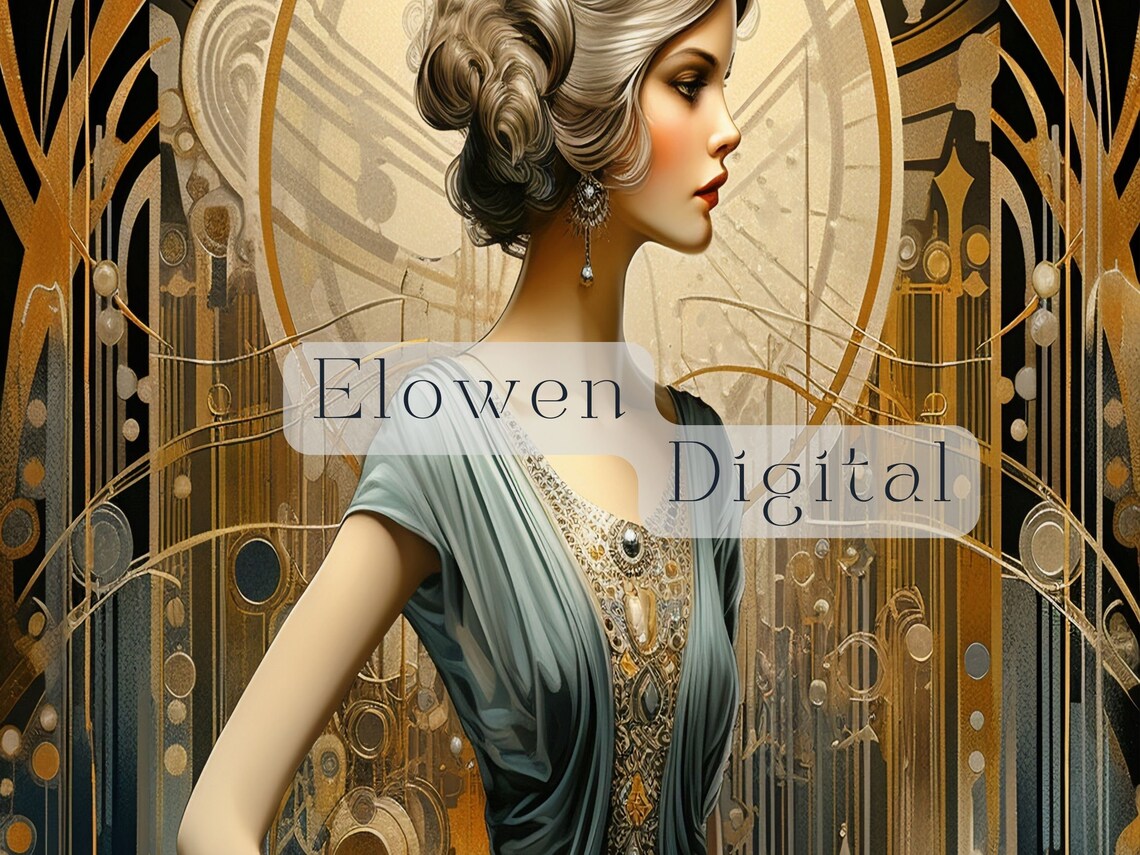 Art Deco Lady in Sage Green Gown with Golden Jeweled Bodice Poster - Image 3