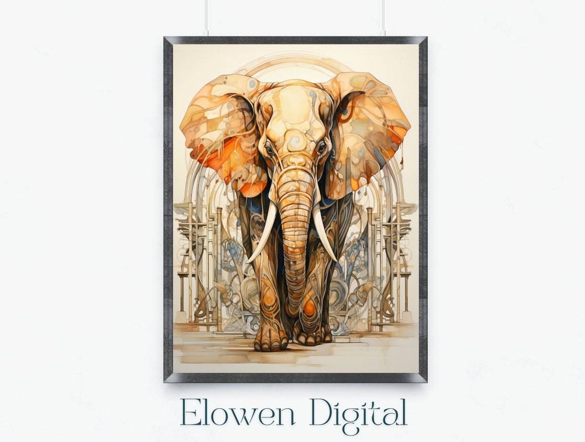 African Elephant Facing Forward Watercolor Safari Scene Wall Art