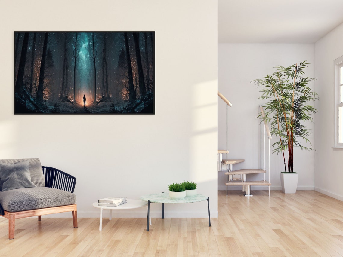 Starry Night Forest Path With Lone Figure Toward Orange Glow Poster - Image 3