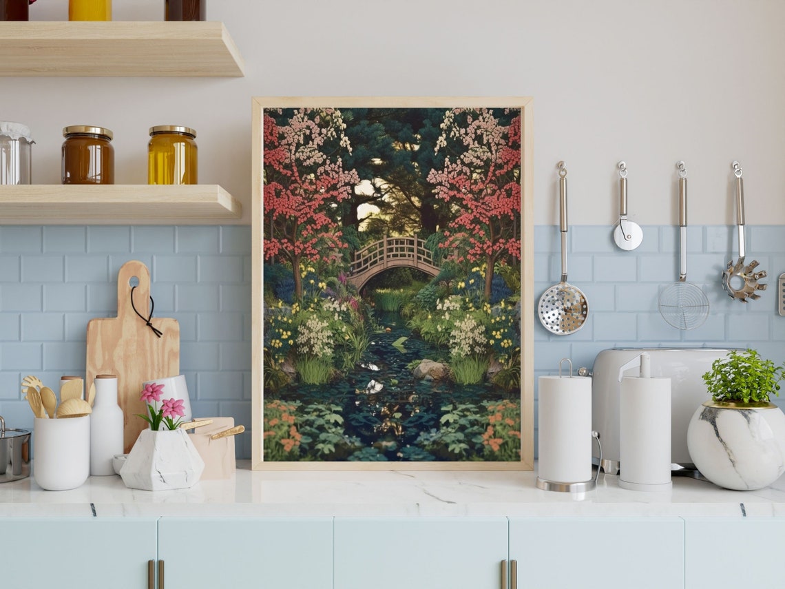 Japanese Garden Art Wall Art Japanese Garden Japanese Decor Japanese Wall Art Of Japanese Garden With Arched Bridge - Image 3