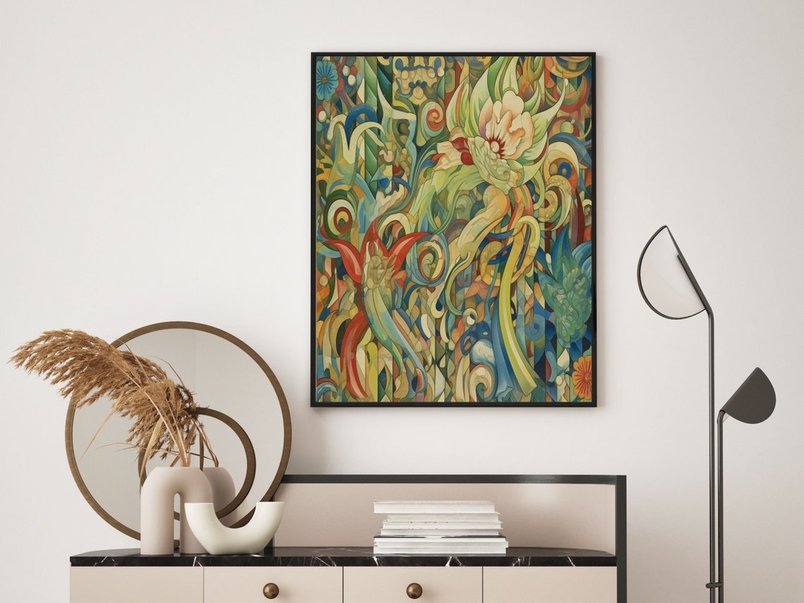 Surreal Abstract Botanical Art With Colorful Tulips In Green Poster - Image 4