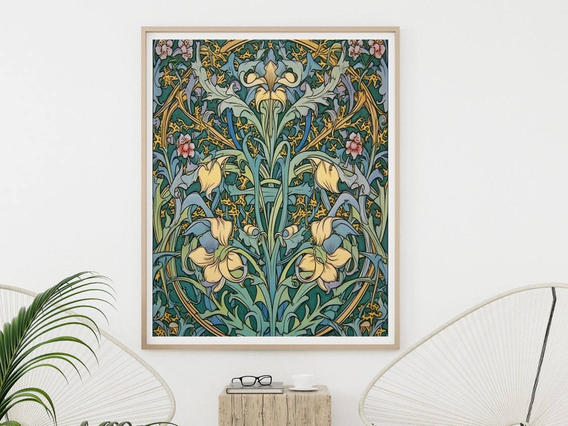 William Morris Style Iris Tapestry Pattern in Teal and Gold Poster - Image 4