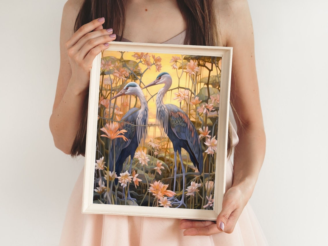 Two Herons Among Golden Blossoms at Sunset Wildlife Art Poster - Image 5